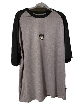 NFL Men's Grey and Black Short-Sleeve Raglan Shirt with Raiders Crest